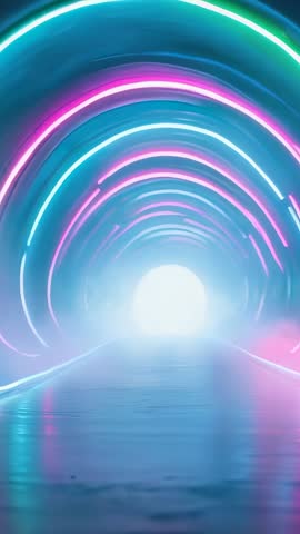 Hovering Camera Advancing Through Neon Tunnel Reflecting Wet Floor — Futuristic Vertical Loop