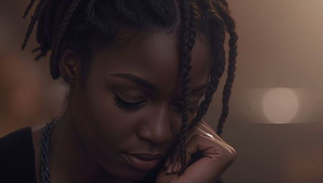 Gazing woman with single braid touching cheek, low-key warm closeup intimate portrait