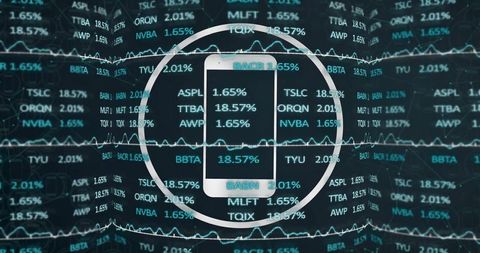 Futuristic smartphone display with stock tickers