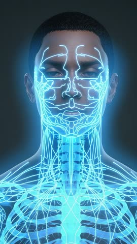 Vertical video showing glowing neural and skeletal network powering on in human bust 4K