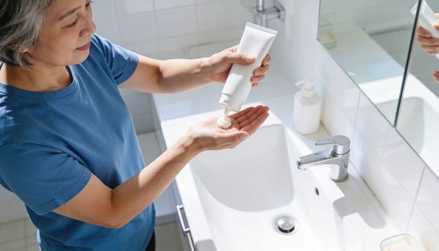 Senior woman squeezing moisturizer at bathroom sink applying daily skincare and self care