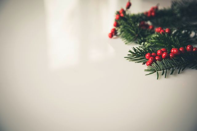Image showing a festive Christmas garland with red berries against a white background. Ideal for holiday greeting cards, seasonal advertisements, festive invitations, and social media posts reflecting a holiday theme.
