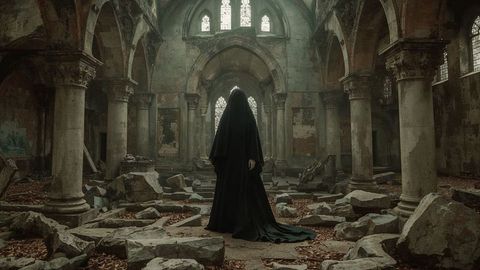 Mysterious figure in ruined gothic church interior