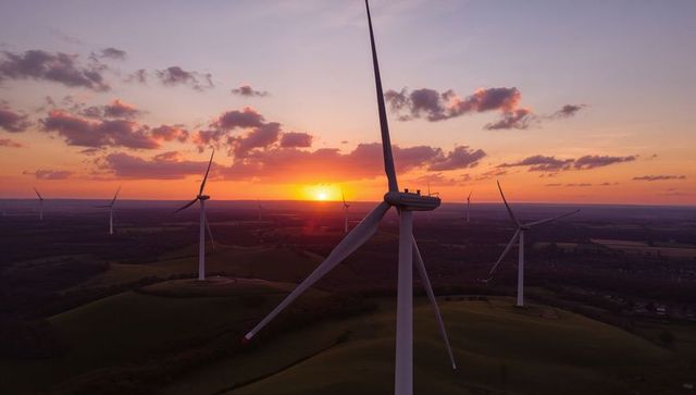 Wind Turbine During Dramatic Sunset with Vibrant Sky and Energy Theme