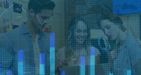 Team Collaborating on Business Analytics with Data Overlays