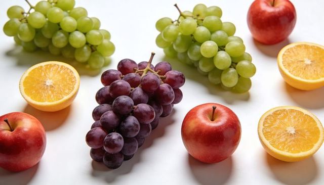 Vibrant fruit display with red apples, purple grapes, green grapes and orange halves