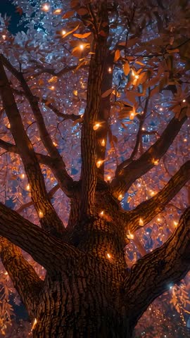 Tilting Camera Revealing Enchanted Tree with Pulsing Fairy Lights in Night Garden Video