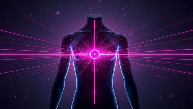 Headless torso emitting magenta energy core, neon laser beams, futuristic silhouette