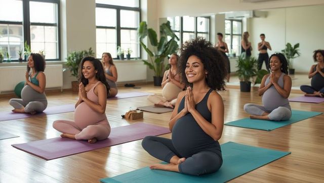 Pregnant women practicing prenatal yoga in tranquil studio