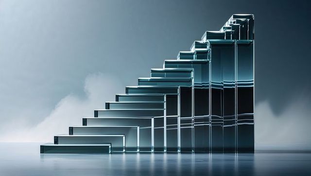 Abstract transparent glass staircase with spectral reflection