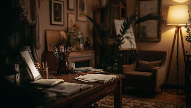 Creating cozy artist workspace with wooden desk, open sketchbooks, pencils and warm lamp