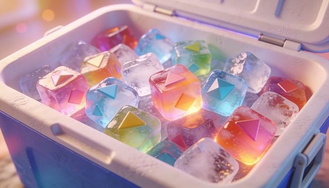 Neon gradient ice cubes with triangular emblems in frosty cooler