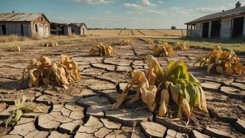 Drought-impacted farm with cracked soil and failing crops