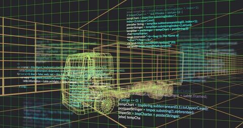 Rotating holographic wireframe truck in 3d grid with floating code overlay