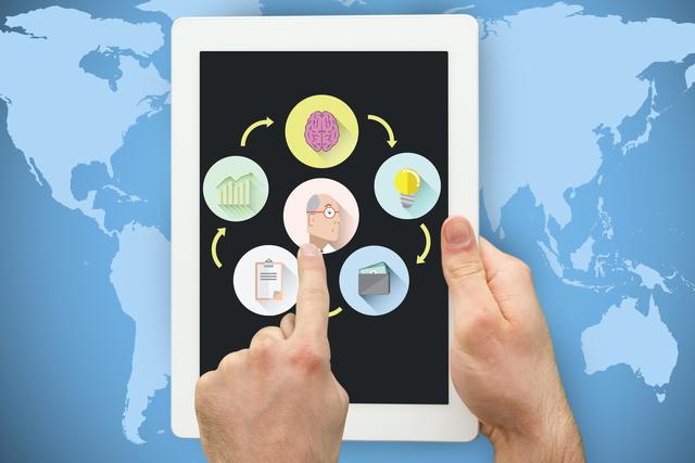 Hands interacting with tablet displaying various business and technology icons, such as graphs, lightbulb, and brain. Suitable for presentations, educational contexts, technology and business related blogs or articles, and promotional marketing materials.