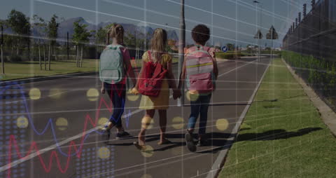 Children Walking Home with Data Analysis Overlay Concept