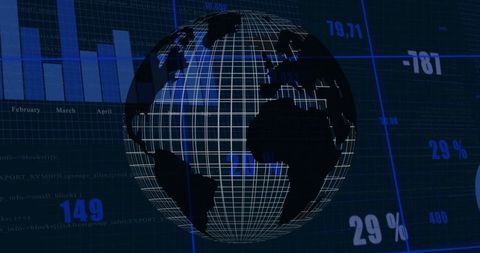 3D Wireframe Globe with Analytics on Dark Digital Dashboard