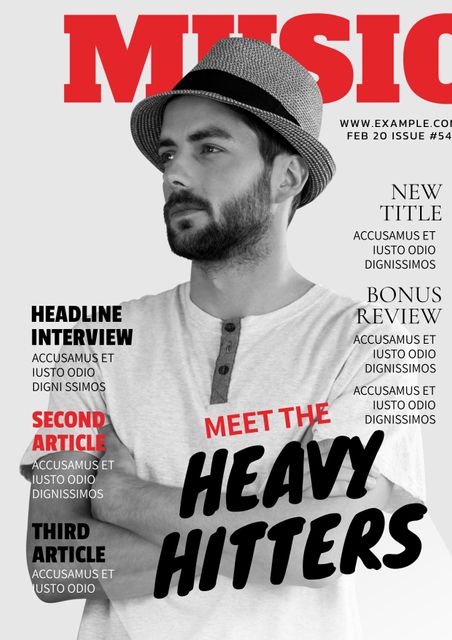 This image features a stylish man on the cover of a music magazine, emphasizing modern masculinity. Wearing a fedora hat and a casual yet trendy outfit, the man exemplifies contemporary male fashion. This makes it suitable for editorials, blog posts, or marketing materials focused on men's fashion, music industry publications, or modern lifestyle. It can also be used for template designs for magazine layout projects or promotional content.