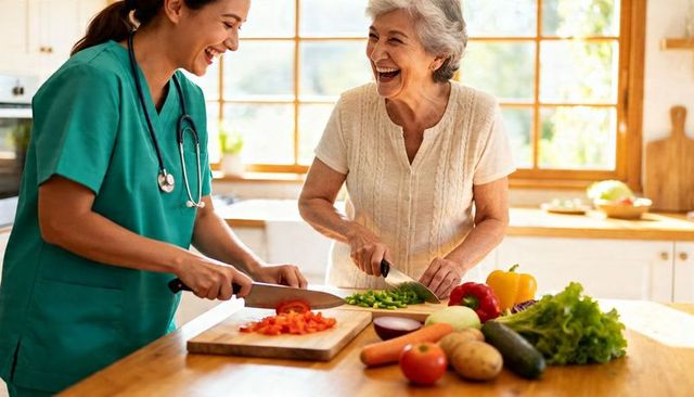 Smiling caregiver and elderly woman chopping vegetables together in bright home kitchen