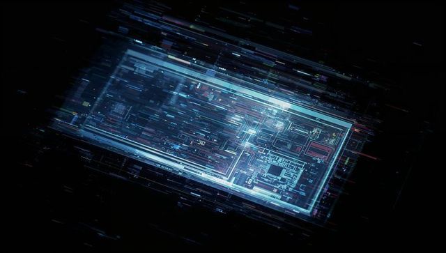 Holographic circuit interface streaming data particles in neon futuristic digital schematic
