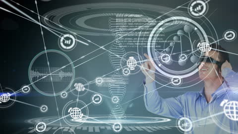 Man Exploring Digital Virtual Reality Interfaces and Data Networks