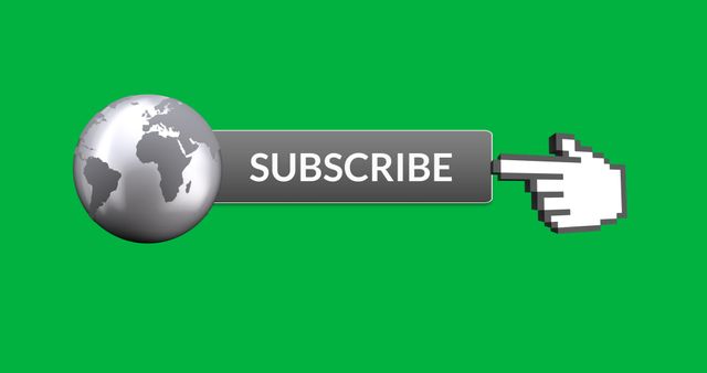 Highlighting an iconic subscribe button that includes a globe graphic and a finger pointer on a bright green background. Excellent for use in social media and digital marketing content, featuring call-to-action elements to engage viewers. Ideal for websites, subscription services, and promotional materials.