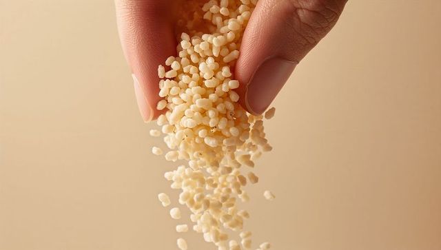 Pinching fingertips releasing beige granules falling on minimal cream background