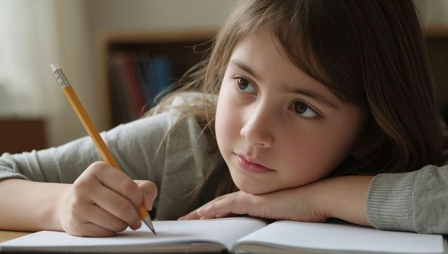 Young girl studying and daydreaming at desk with pencil and open notebook