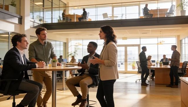 Business team collaborating around round table in modern open-plan office daytime meeting
