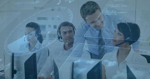 Tech support team collaborating in modern office with interface overlay