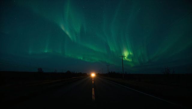 Headlights approaching on two-lane highway under dancing northern lights