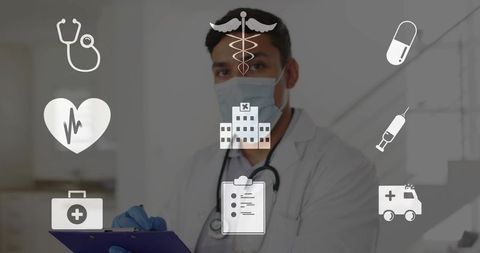 Doctor reviewing clipboard wearing mask and gloves hospital corridor medical icons overlay
