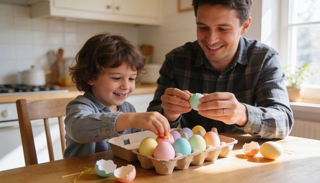 Father and son decorating pastel easter eggs on sunlit kitchen table