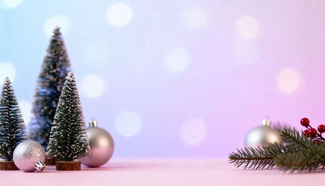 Pastel holiday bokeh featuring snow-dusted mini evergreens, silver baubles and pine sprig