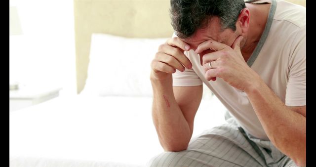Man sitting on bed, appearing tired and stressed, covering his face with his hands. Great for articles or ads about mental health awareness, burnout, emotional support, and personal well-being.