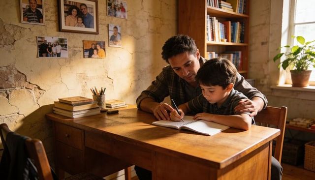 Father guiding son writing in spiral notebook at sunlit wooden desk, warm learning moment