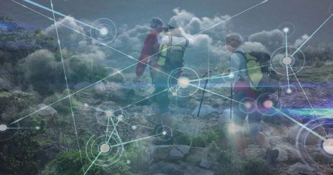 Hikers Crossing Rocky Trail with Digital Network Overlay