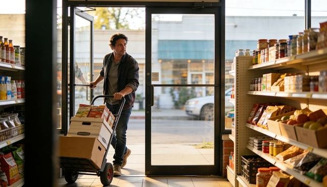 Delivery worker entering small grocery carrying stacked boxes on hand truck at golden hour
