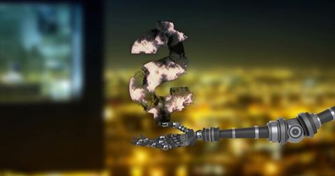 Futuristic robotic arm presenting moss-covered number two over blurred city night bokeh