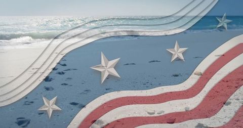American flag overlay on coastal sand with footprints, pebbles and ocean horizon