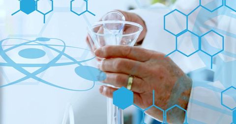 Scientist Conducting Experiment with Molecular Structure Overlay