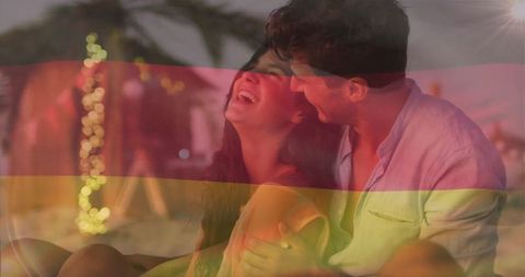 Romantic beachfront couples embrace at sunset