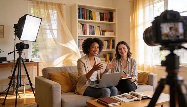 Hosting live stream from cozy home studio with laptop, cameras, and natural daylight