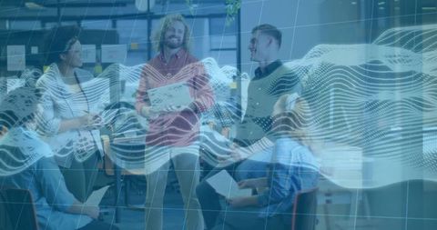 Creative Diverse Team Brainstorming in Modern Office with Digital Overlay