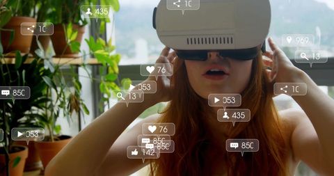 Woman immersing in virtual reality experience with social media alerts