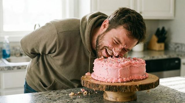 Playful man smashing face into pink-frosted cake on wooden cake stand in bright kitchen