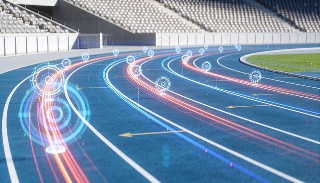 Futuristic athletic track displaying neon motion trails and digital hud overlays
