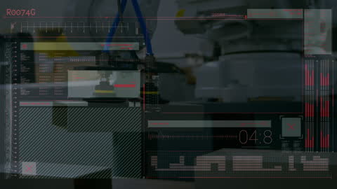 Futuristic Data Processing Overlay on Factory Robotics