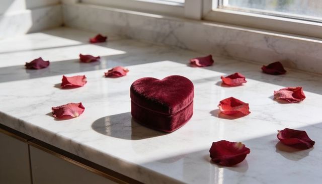 Sitting burgundy velvet heart ring box casting shadow on sunlit marble windowsill