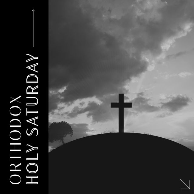 Composition of orthodox holy saturday text over clouds and cross. Orthodox holy saturday and celebration concept digitally generated image.